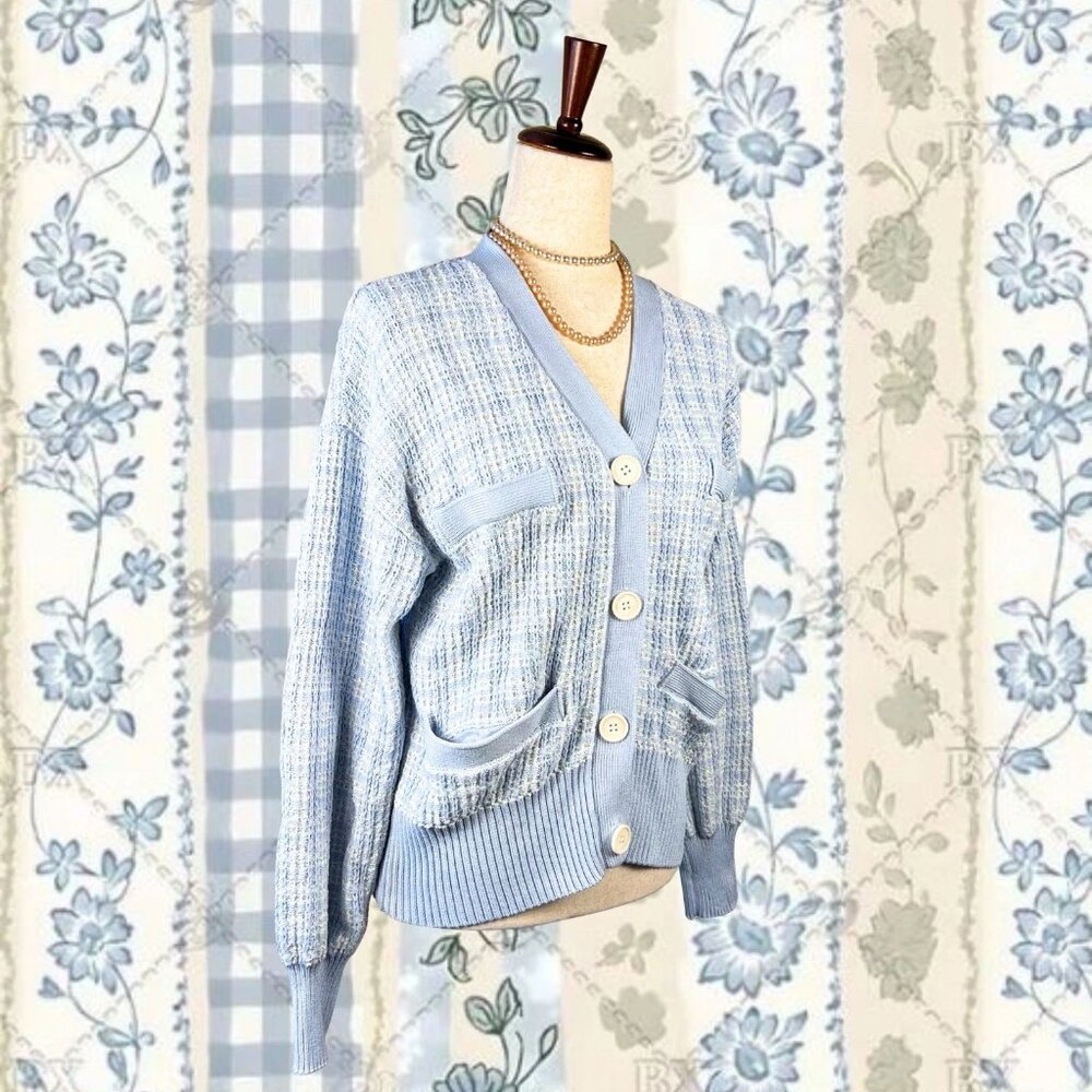 Free Assembly Blue White Button Up Cardigan Sweater Sz XL Cottagcore Grandmacore